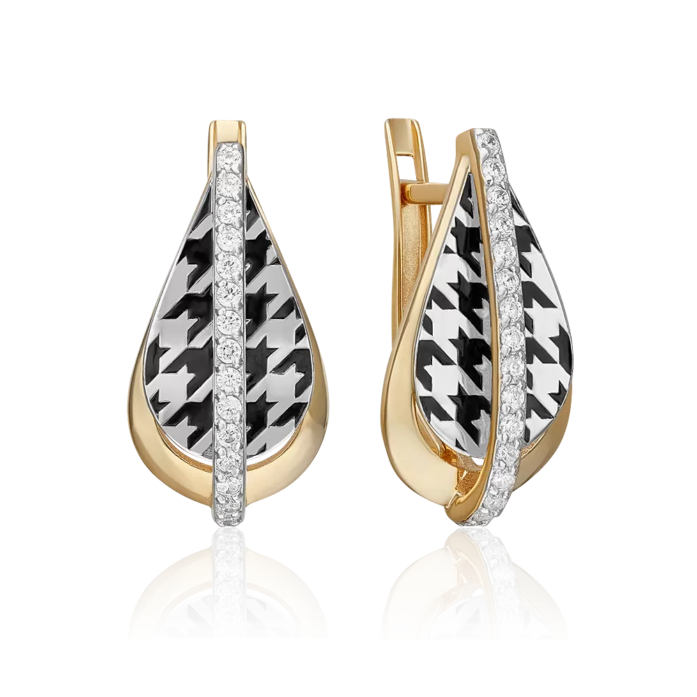 Серьги с принтом «Гусиная лапка» из комбинированного золота с фианитами и эмалью 02-5204-00-401-1121