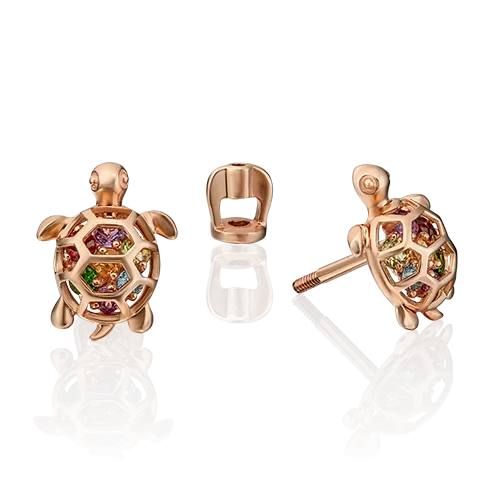 Серьги-пусеты «Черепашки» из красного золота с миксом камней 02-4525-00-717-1110-57