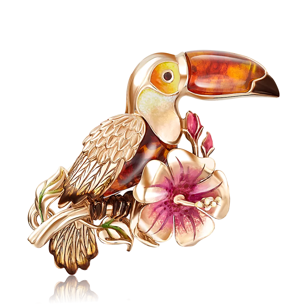Брошь «Тукан» из красного золота с янтарём и эмалью 04-0184-00-271-1110-58