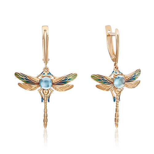 Серьги «Стрекозы» с английским замком из красного золота с топазом и эмалью 02-4685-00-201-1110-57