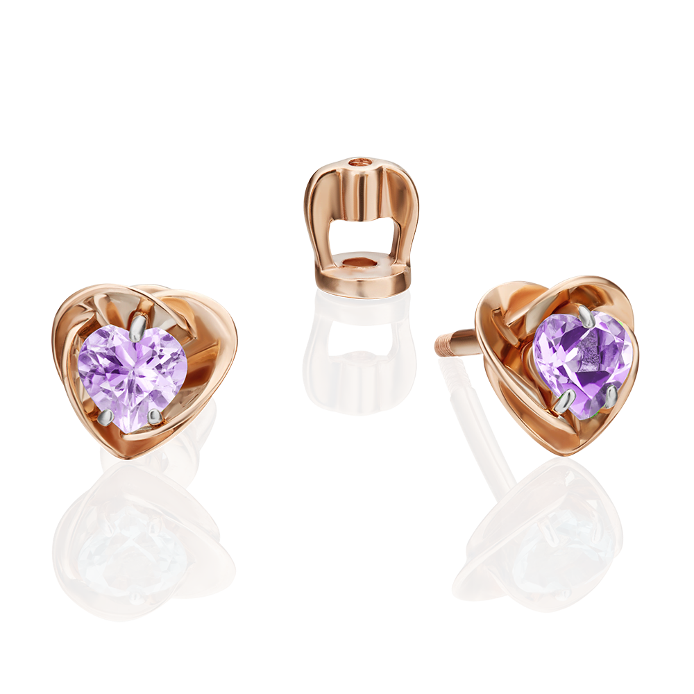 Серьги-пусеты «Сердца» из красного золота с аметистом 02-4402-00-203-1110-57