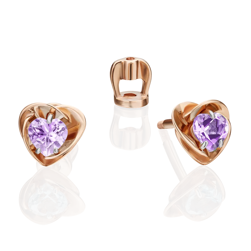Серьги-пусеты «Сердца» из красного золота с аметистом 02-4402-00-203-1110-57