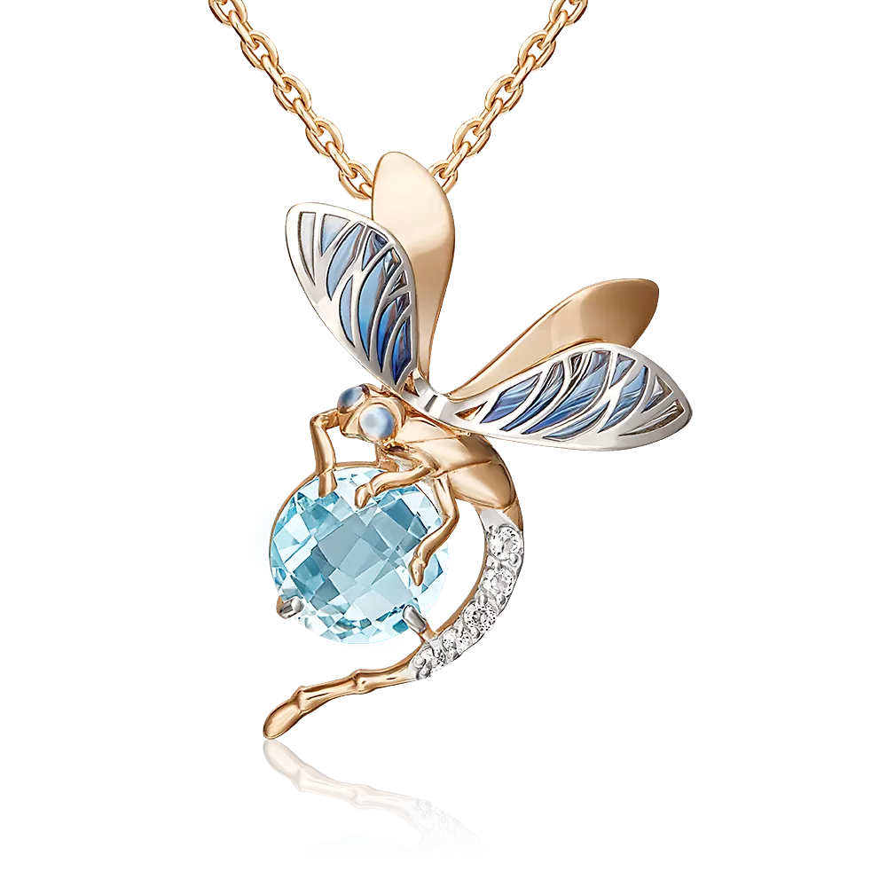 Подвеска «Стрекоза» из комбинированного золота с топазом, натуральными топазами white и эмалью 03-3144-00-201-1111-57