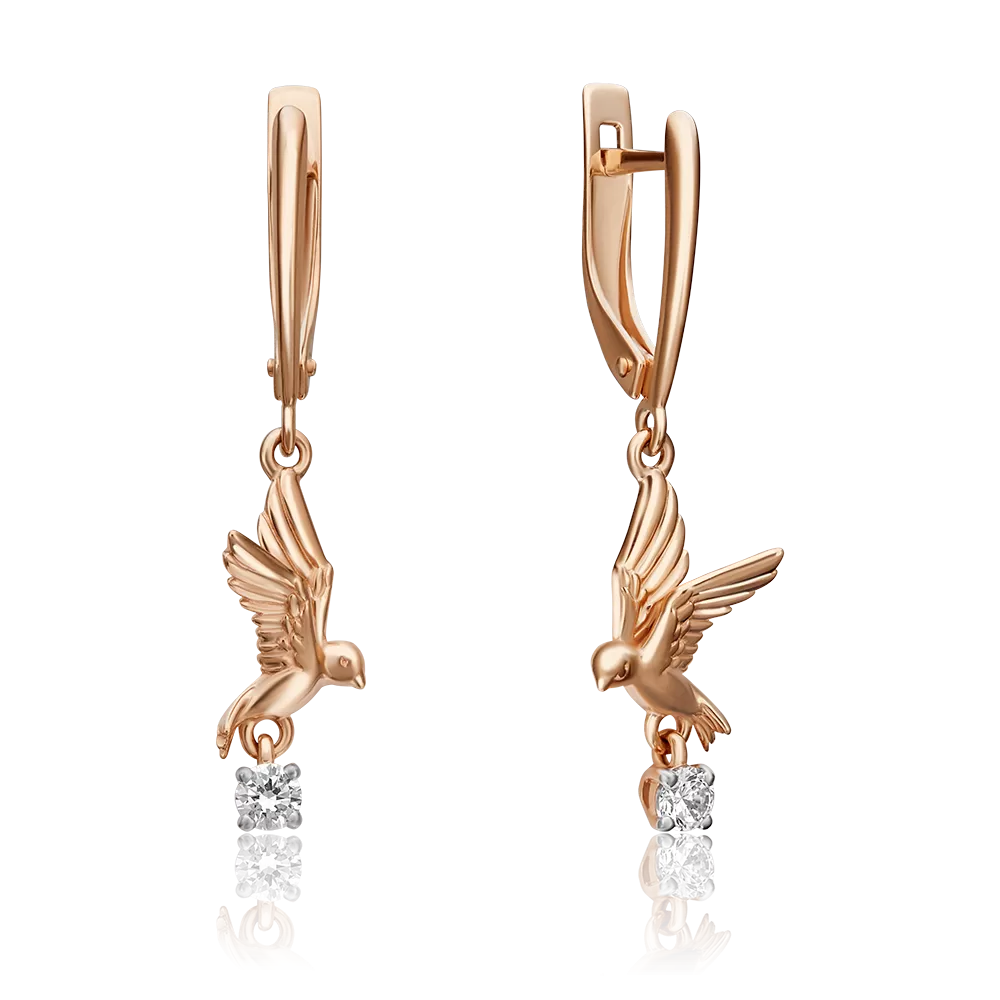 Серьги «Ласточки» с английским замком из красного золота с фианитом 02-4346-00-401-1110-03