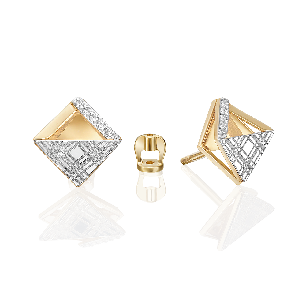 Серьги с принтом «Клетка» из комбинированного золота с фианитами 02-5188-00-401-1121