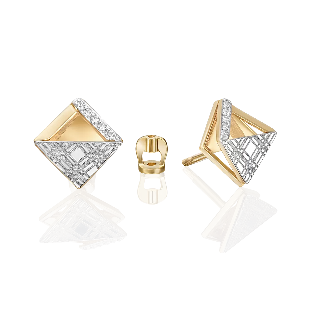 Серьги с принтом «Клетка» из комбинированного золота с фианитами 02-5188-00-401-1121