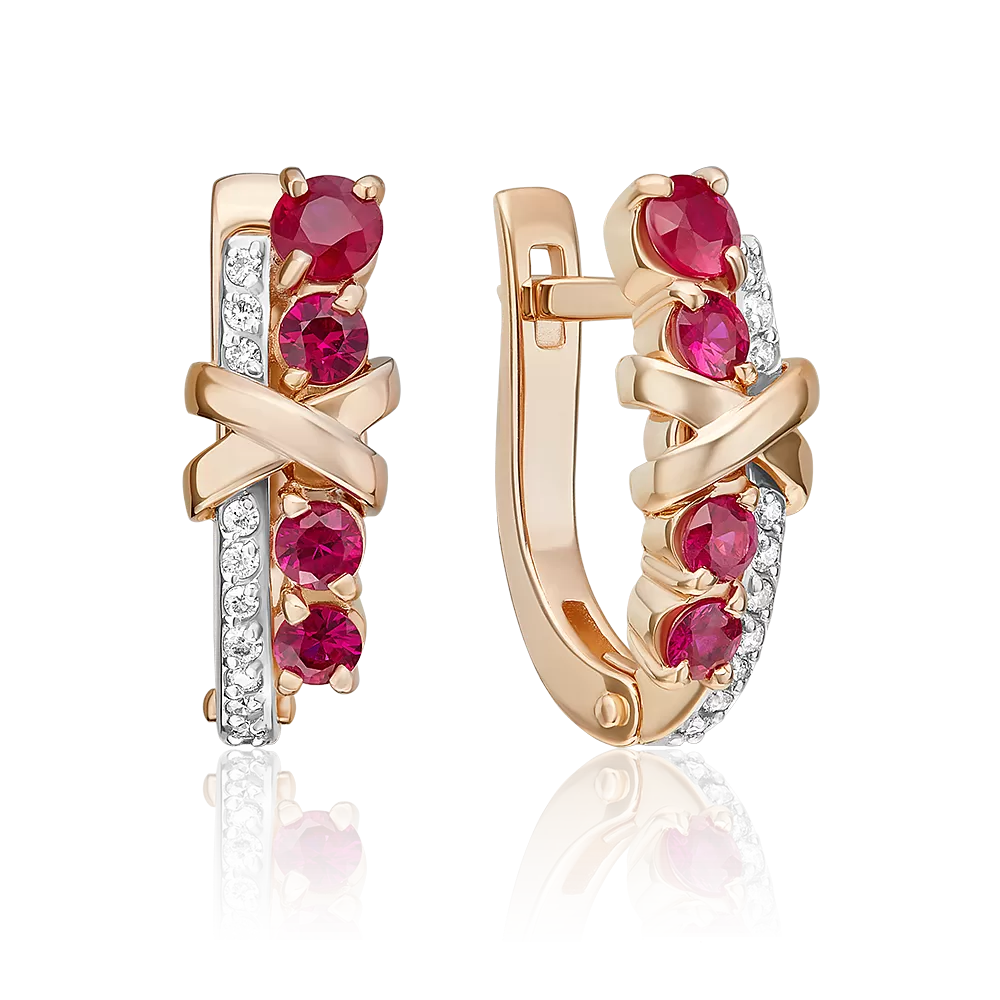 Серьги с английским замком из красного золота с рубинами и бриллиантами 02-5220-00-107-1110