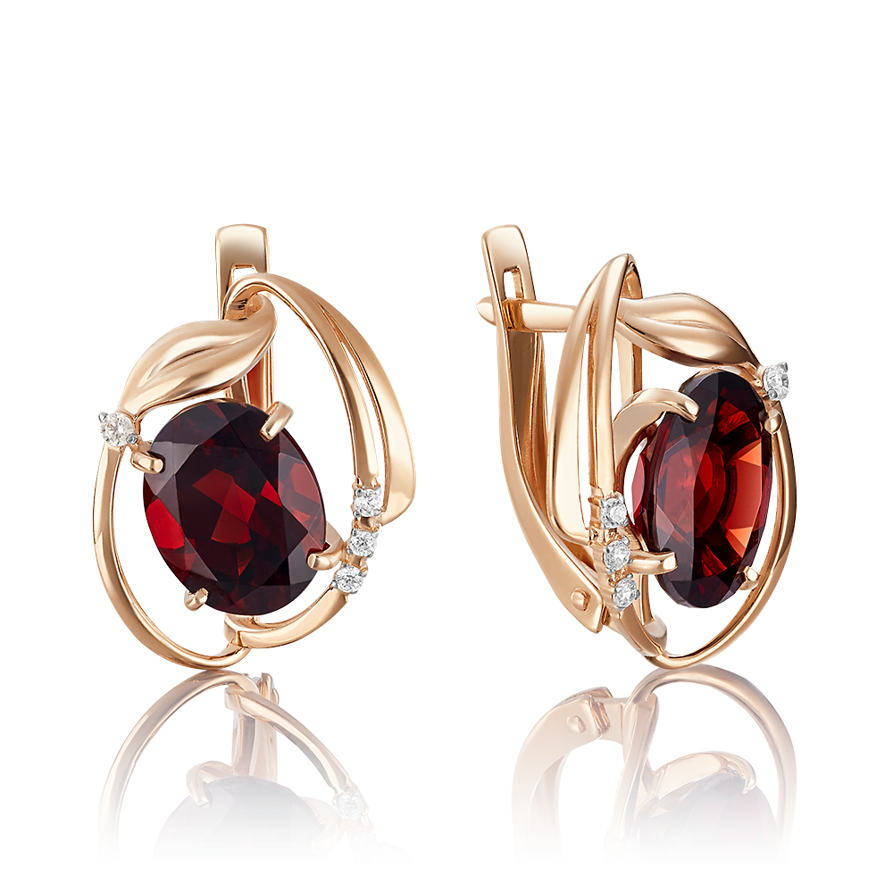 Серьги с английским замком из красного золота с гранатом и фианитами 02-3603-00-210-1110-46
