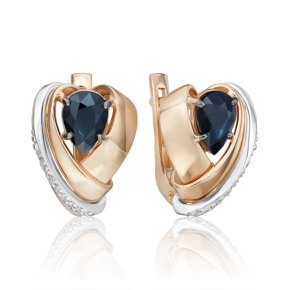 Серьги с английским замком из комбинированного золота с сапфиром и бриллиантами