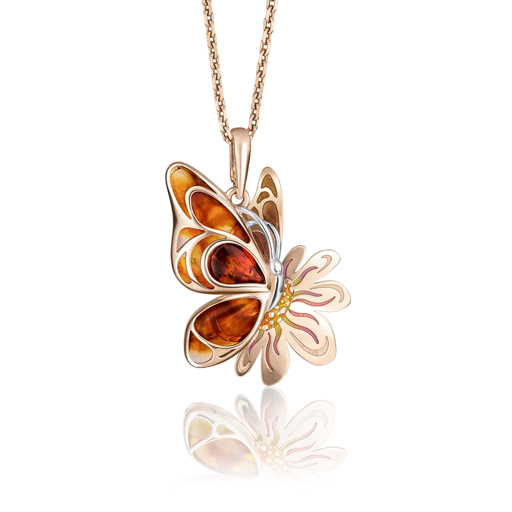 Подвеска «Бабочка» из красного золота с янтарём и эмалью 03-2772-00-271-1110-46