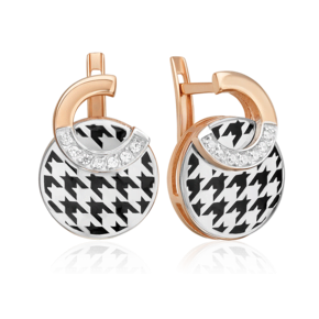 Серьги с принтом «Гусиная лапка» из комбинированного золота с фианитами и эмалью 02-5199-00-401-1111