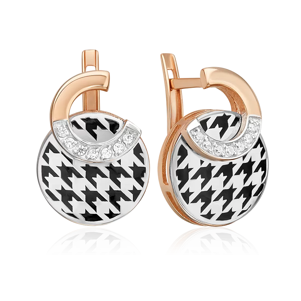 Серьги с принтом «Гусиная лапка» из комбинированного золота с фианитами и эмалью 02-5199-00-401-1111