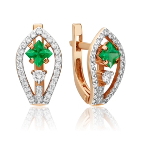 Серьги с английским замком из красного золота с изумрудом и бриллиантами
