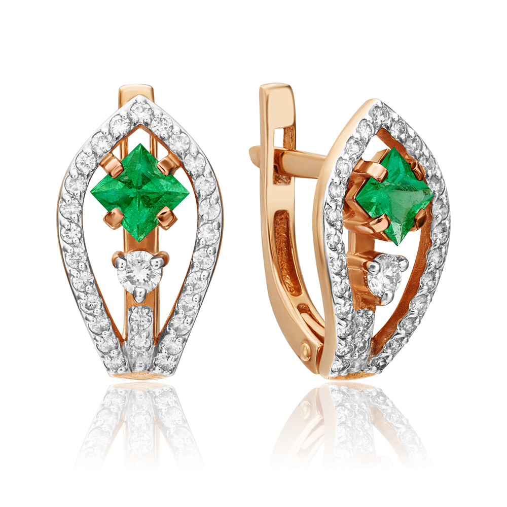 Серьги с английским замком из красного золота с изумрудом и бриллиантами 02-0814-00-106-1110-30