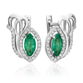 Серьги с английским замком из белого золота с изумрудом и бриллиантами