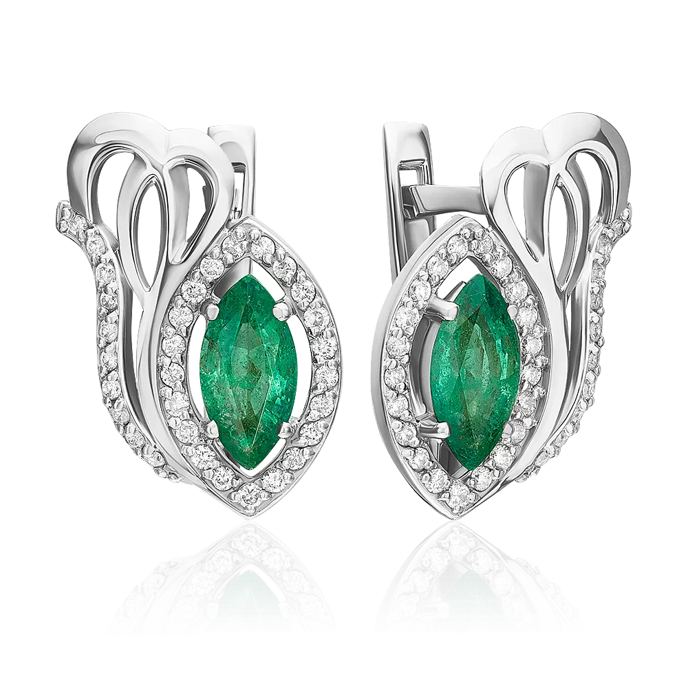 Серьги с английским замком из белого золота с изумрудом и бриллиантами 02-0230-00-106-1120-30