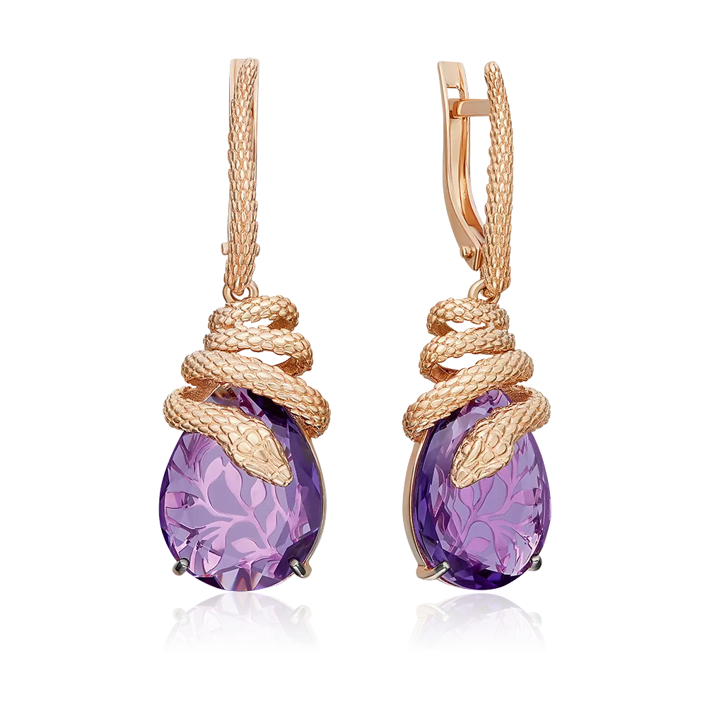 Серьги «Таинственные змеи» с английским замком из красного золота с аметистом 02-5289-00-203-1110