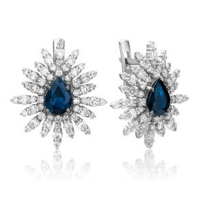 Серьги с английским замком из белого золота с сапфиром и бриллиантами