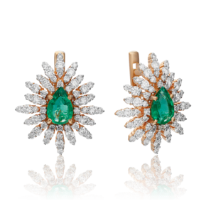 Серьги с английским замком из красного золота с изумрудом и бриллиантами