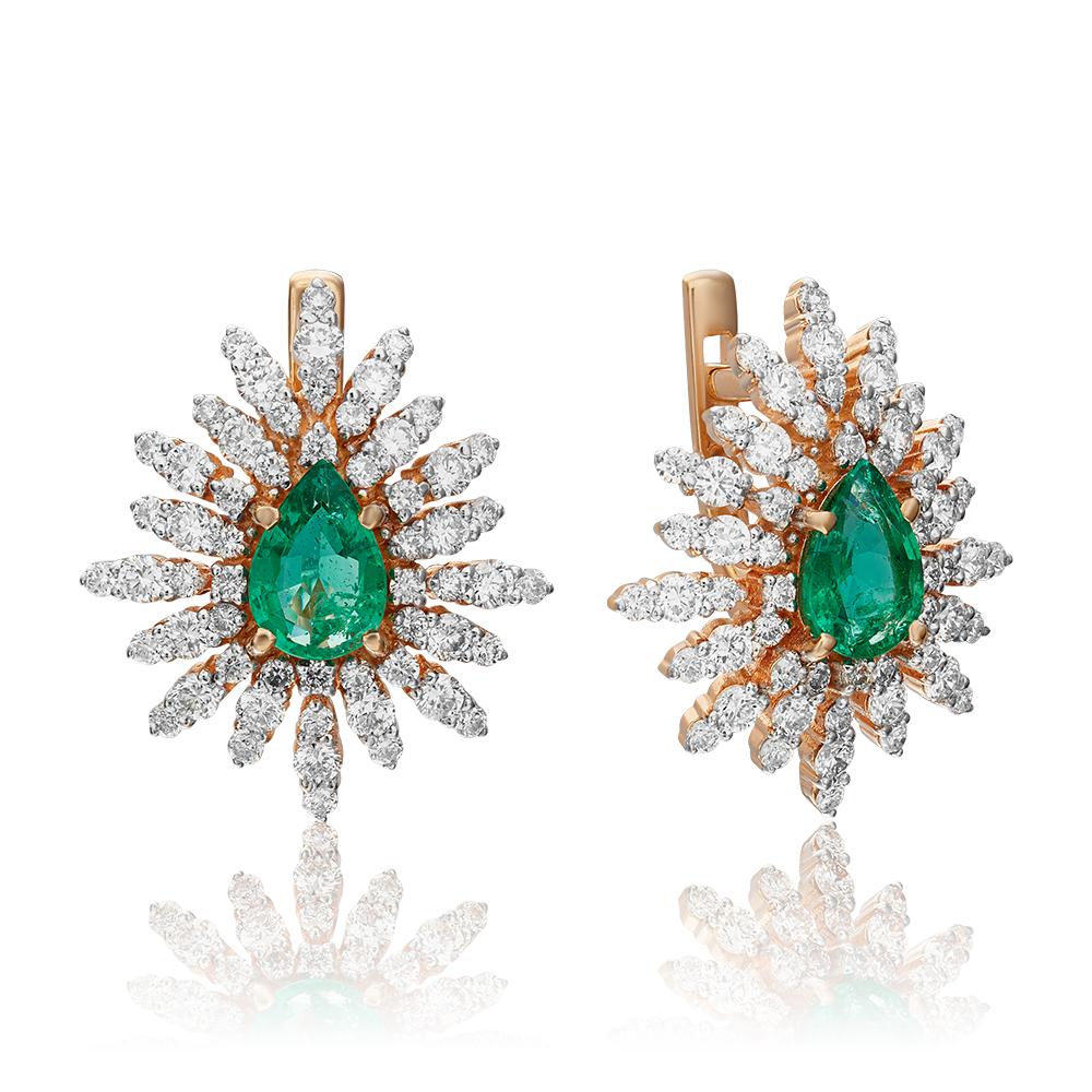 Серьги с английским замком из красного золота с изумрудом и бриллиантами 02-0650-00-106-1110-30