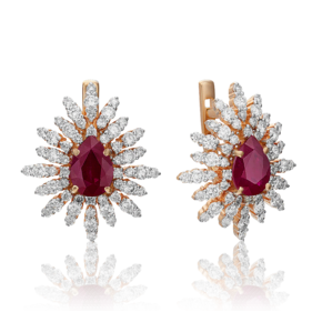 Серьги с английским замком из красного золота с рубином и бриллиантами