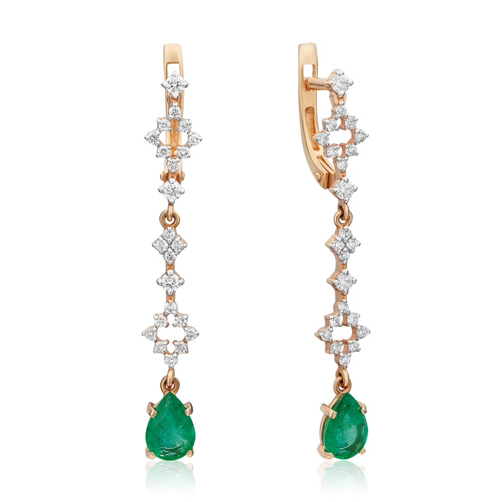 Серьги с английским замком из красного золота с изумрудом и бриллиантами 02-0654-00-106-1110-30