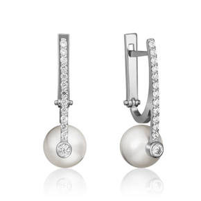 Серьги с английским замком из белого золота с жемчугом культивированным и фианитами 02-4583-00-302-1120-31