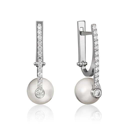 Серьги с английским замком из белого золота с жемчугом культивированным и фианитами 02-4583-00-302-1120-31
