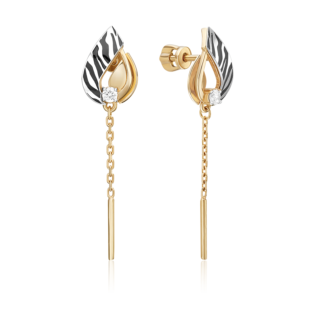 Серьги с принтом «Зебра» из комбинированного золота с фианитом и эмалью 02-5195-00-401-1121