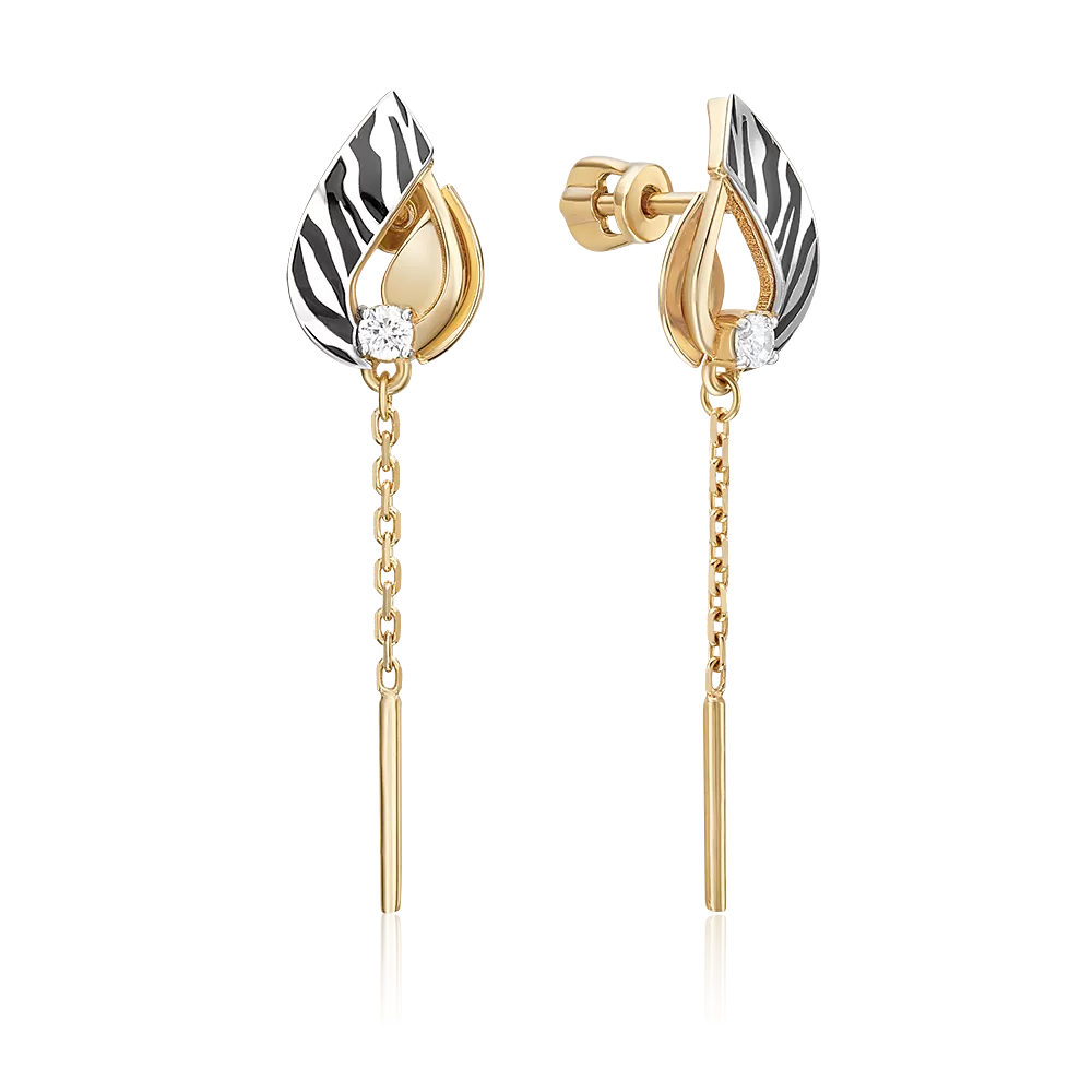 Серьги с принтом «Зебра» из комбинированного золота с фианитом и эмалью 02-5195-00-401-1121