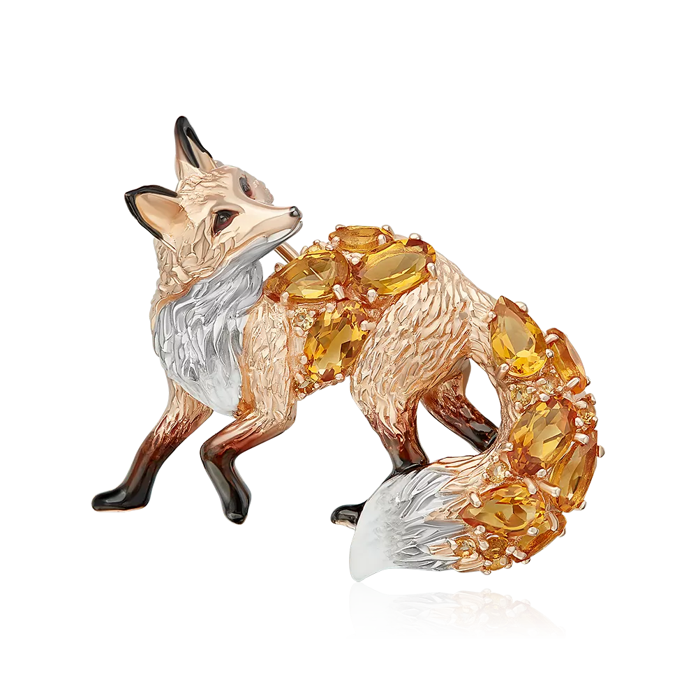 Брошь «Лисица» из красного золота с цитринами и эмалью 04-0294-00-206-1110