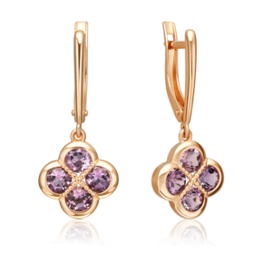 Серьги «Клевер» с английским замком из красного золота с аметистами