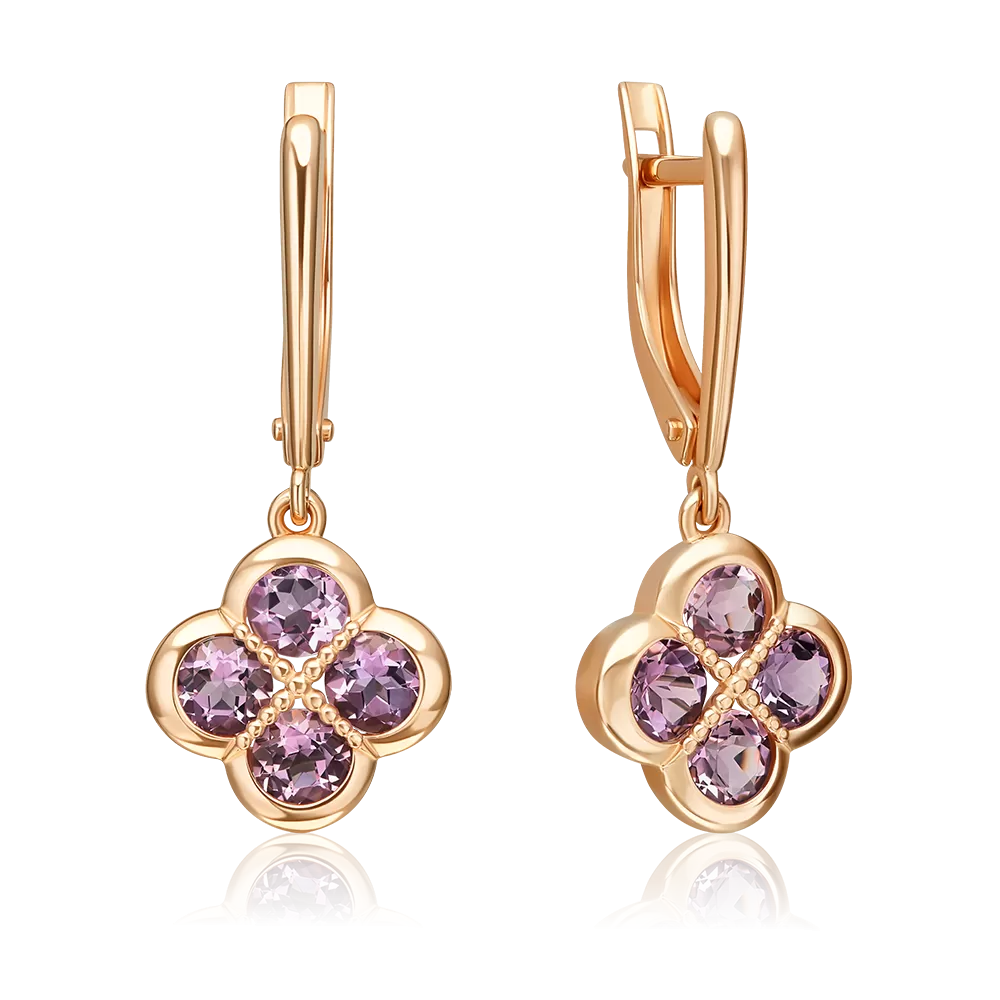 Серьги «Клевер» с английским замком из красного золота с аметистами 02-5543-00-203-1110
