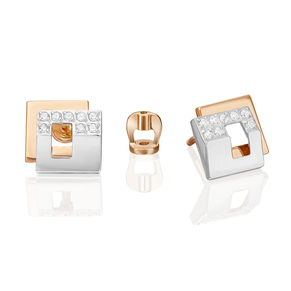 Серьги-пусеты из комбинированного золота с фианитами 02-5125-00-401-1111