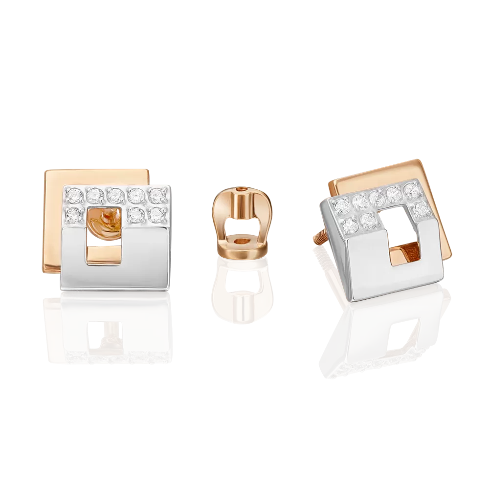 Серьги-пусеты из комбинированного золота с фианитами 02-5125-00-401-1111