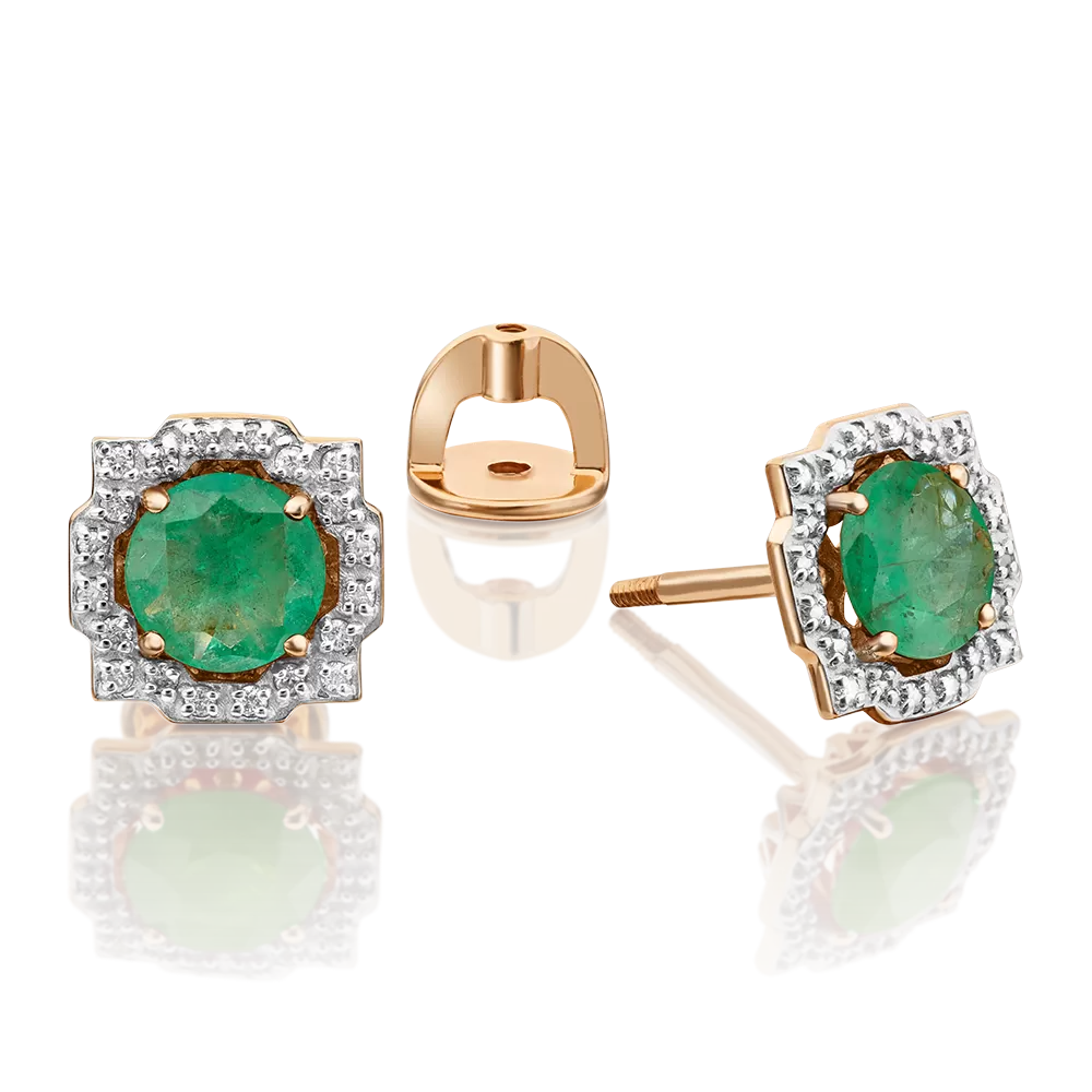 Серьги-пусеты из красного золота с изумрудом и бриллиантами 02-0751-00-106-1110-30