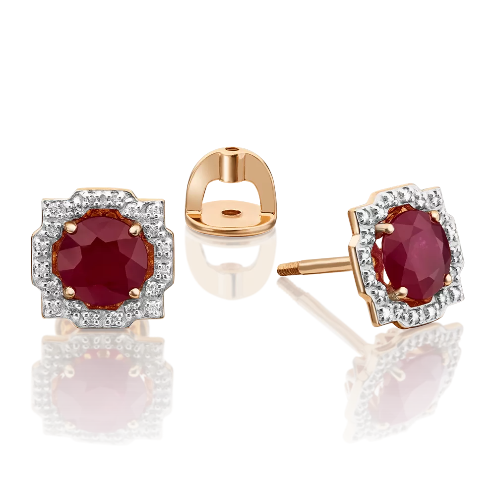 Серьги-пусеты из красного золота с рубином и бриллиантами 02-0751-00-107-1110-30