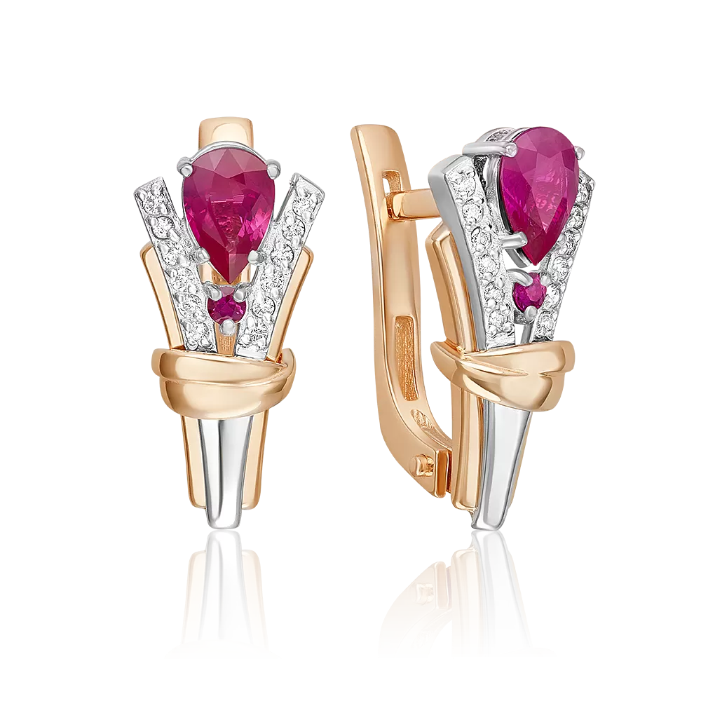Серьги с английским замком из комбинированного золота с рубинами и бриллиантами 02-5218-00-107-1111