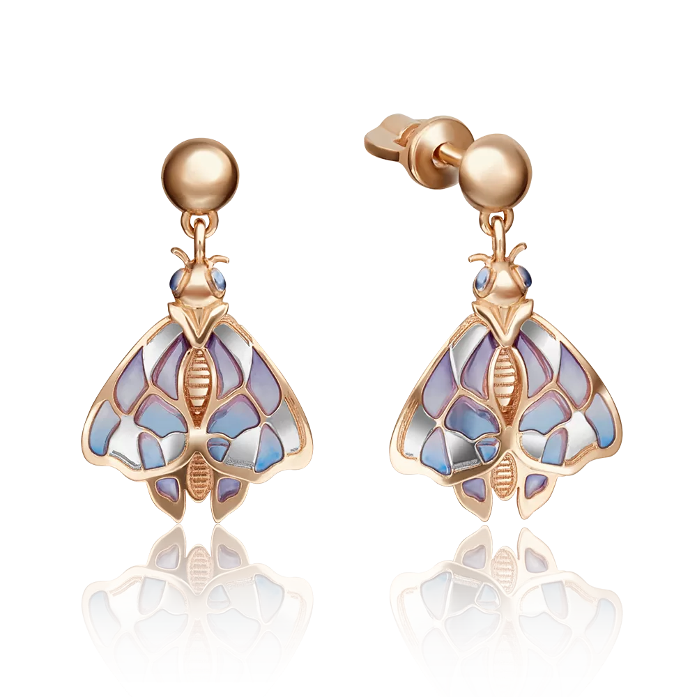 Серьги-пусеты «Мотыльки» из красного золота с эмалью 02-4143-00-000-1110-65
