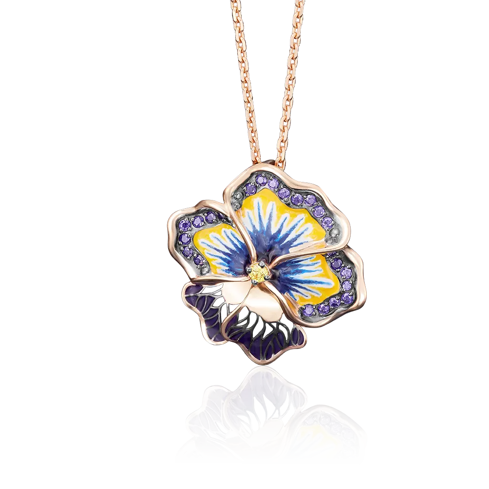 Подвеска «Анютины глазки» из красного золота с фианитами и эмалью 03-2526-00-404-1110-65