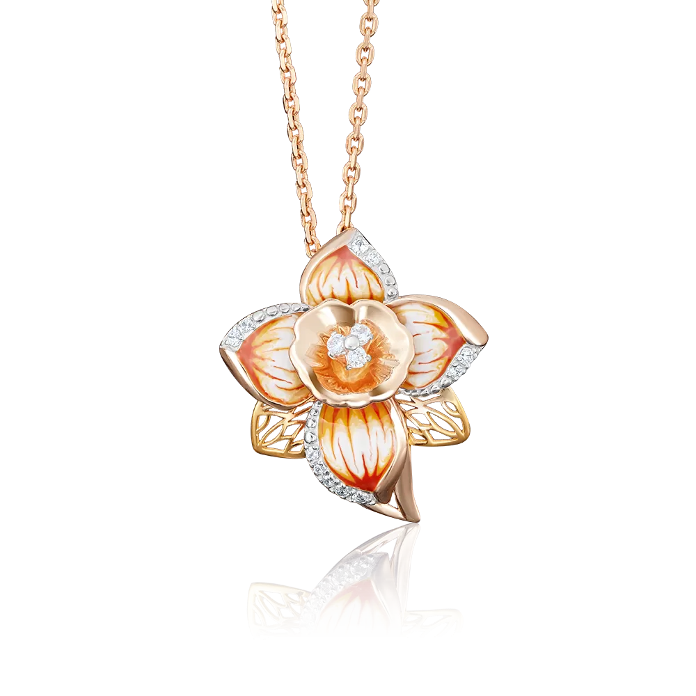 Подвеска «Нарцисс» из комбинированного золота с фианитами и эмалью 03-2555-00-401-1113-65