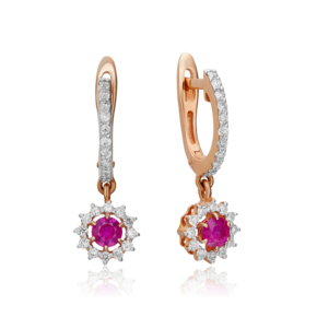 Серьги с английским замком из красного золота с рубином и бриллиантами