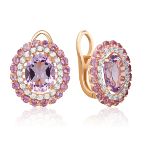 Серьги с английским замком из красного золота с аметистами и фианитами