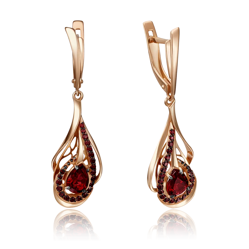 Серьги «Перья павлина» с английским замком из красного золота с гранатами 02-4148-01-204-1110-57