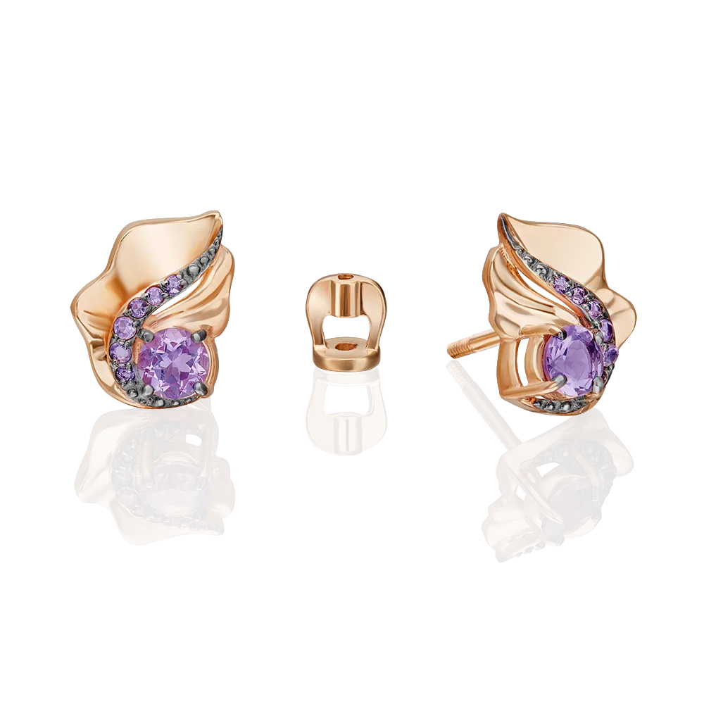 Серьги-пусеты «Стихия Воздуха» из красного золота с аметистами 02-5169-00-203-1110