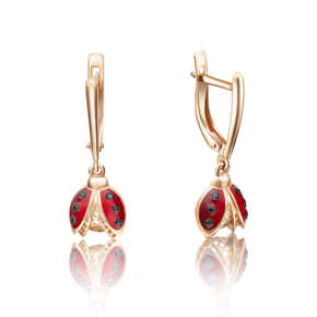 Серьги «Божьи коровки» с английским замком из красного золота с фианитами и эмалью 02-3700-00-402-1110-25