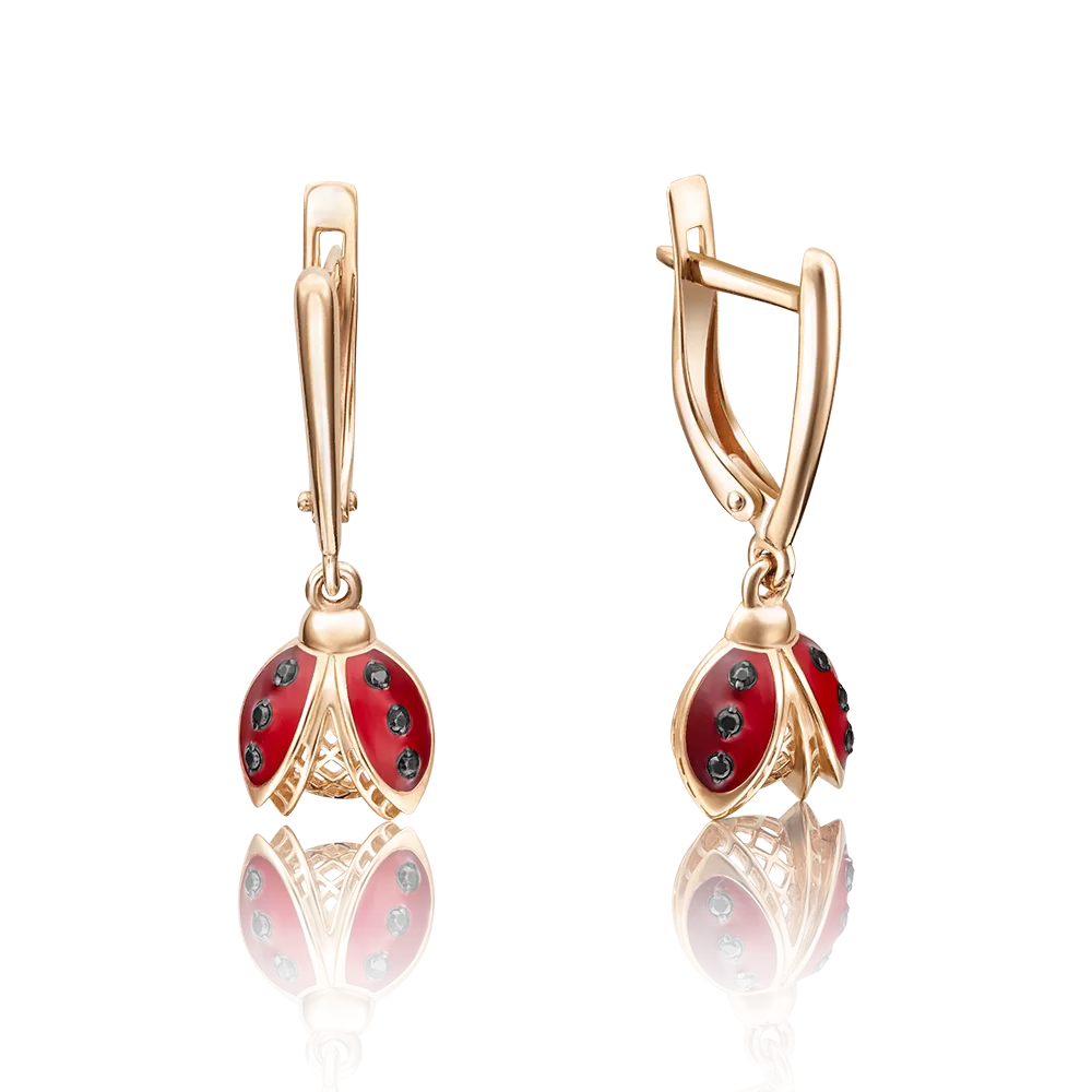 Серьги «Божьи коровки» с английским замком из красного золота с фианитами и эмалью 02-3700-00-402-1110-25