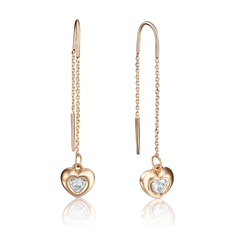 Серьги-цепочки «Сердца» из красного золота с фианитом 02-3702-00-501-1110-38