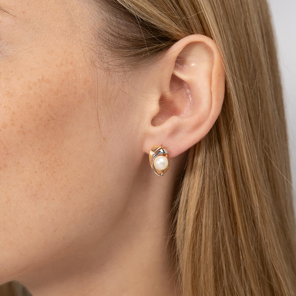 Серьги с английским замком из красного золота с жемчугом культивированным 02-3996-00-301-1110-48