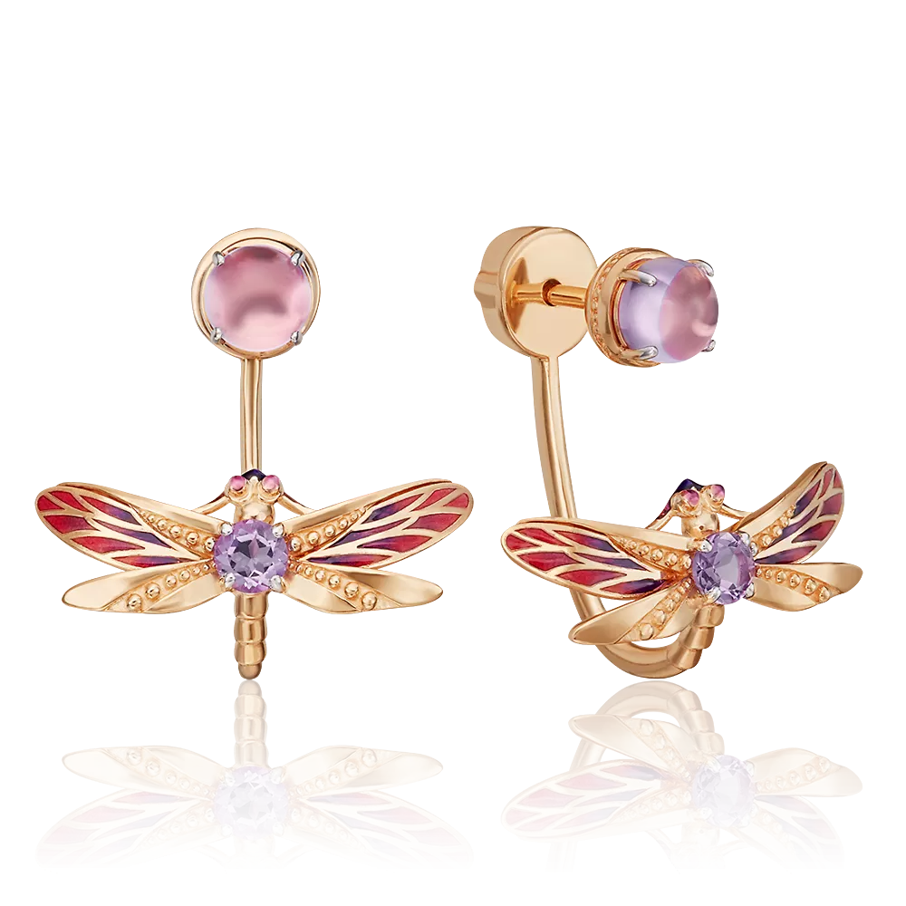 Серьги-джекеты «Стрекозы» из красного золота с аметистами и эмалью 02-4693-00-203-1110-57